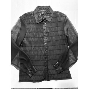 JORDAN Blue Label Women's Sz S Black Glitter Front See Thru Sleeves Blouse